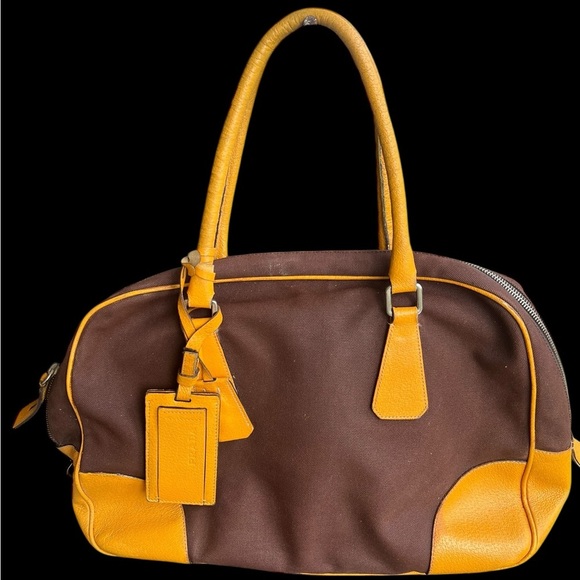 Prada Satchel in Rich Brown canvas and Vibrant Yellow Leather - Picture 5 of 10